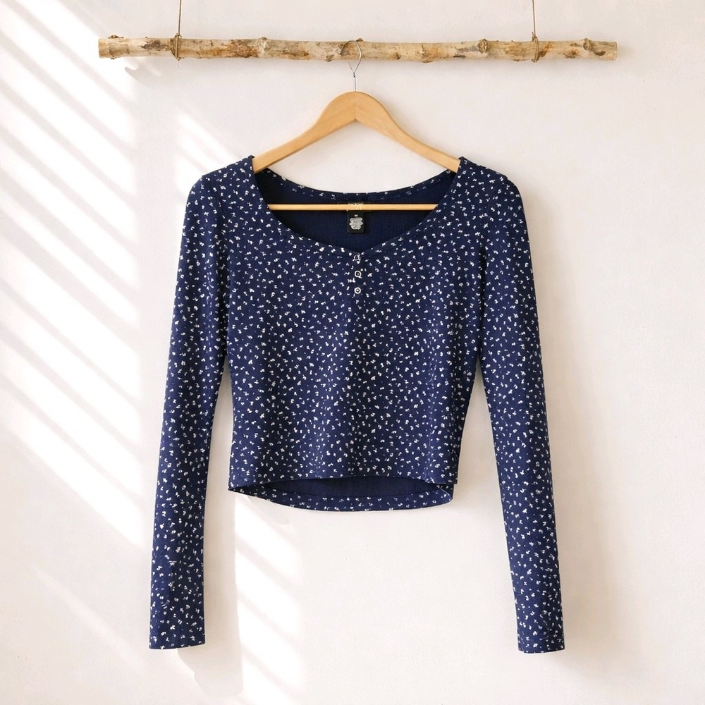 Just Polly Navy Blue Floral Long Sleeve Top Size XL